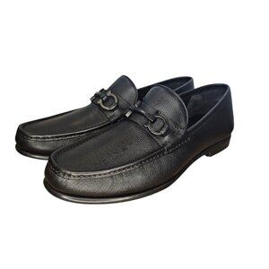 Salvatore Ferragamo Crown Nero Pebble Calf Loafer Mens Shoe Size 10.5 E With Box